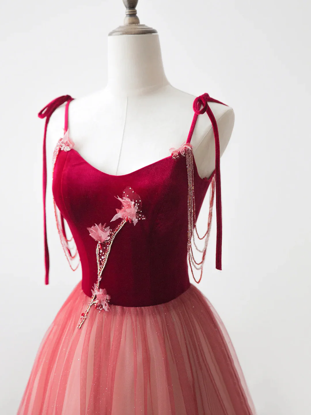 Burgundy Velvet Tulle Long Prom Dress, Beautiful A-Line Spaghetti Strap Evening Party Dress - View 2 | FashionDia