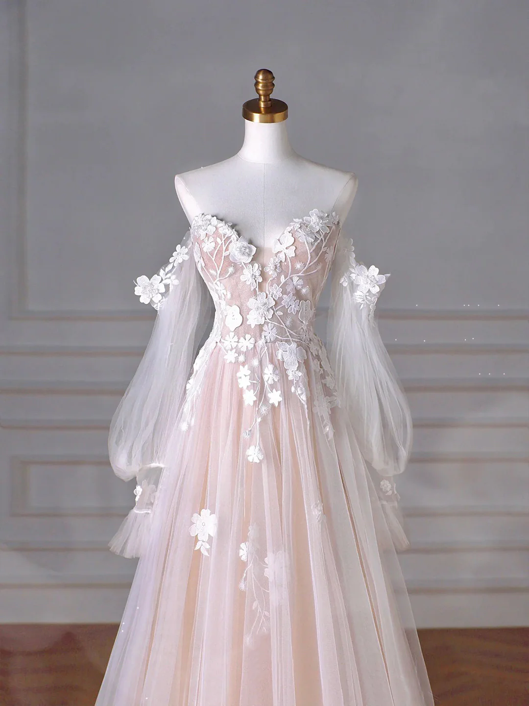 Champagne Tulle Lace Sweetheart Neck Long Formal Dress, A-Line Puff Sleeves Party Dress - View 3 | FashionDia