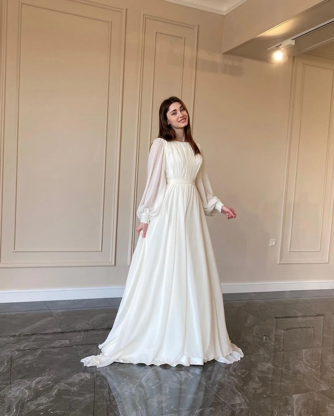 Women Elegant Pleated Lantern Sleeve Round Neck Maxi Dress Fashion Long Sleeve Party Evening Dress - View 3 | FashionDia