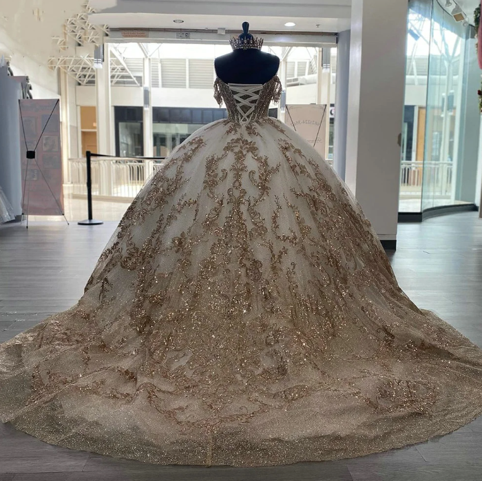 Champagne Beading Tassel Ball Gown Quinceanera Dress Spaghetti Sequined Appliques Lace De 15 A?os - View 2 | FashionDia