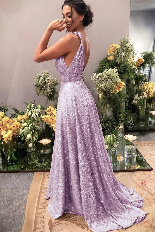 Sparkly Lilac Prom Dresses, Plung Neck Formal Sequins Evening Gown For Women Special Occasions