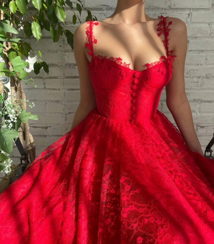 Red Lace Party Prom Dress Tulle Sweet 16 Gown