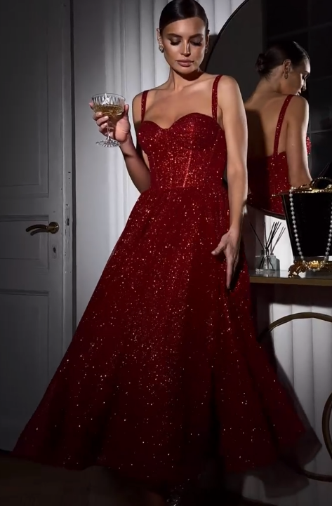 A line Burgundy Prom Dresses Midi Party Dress