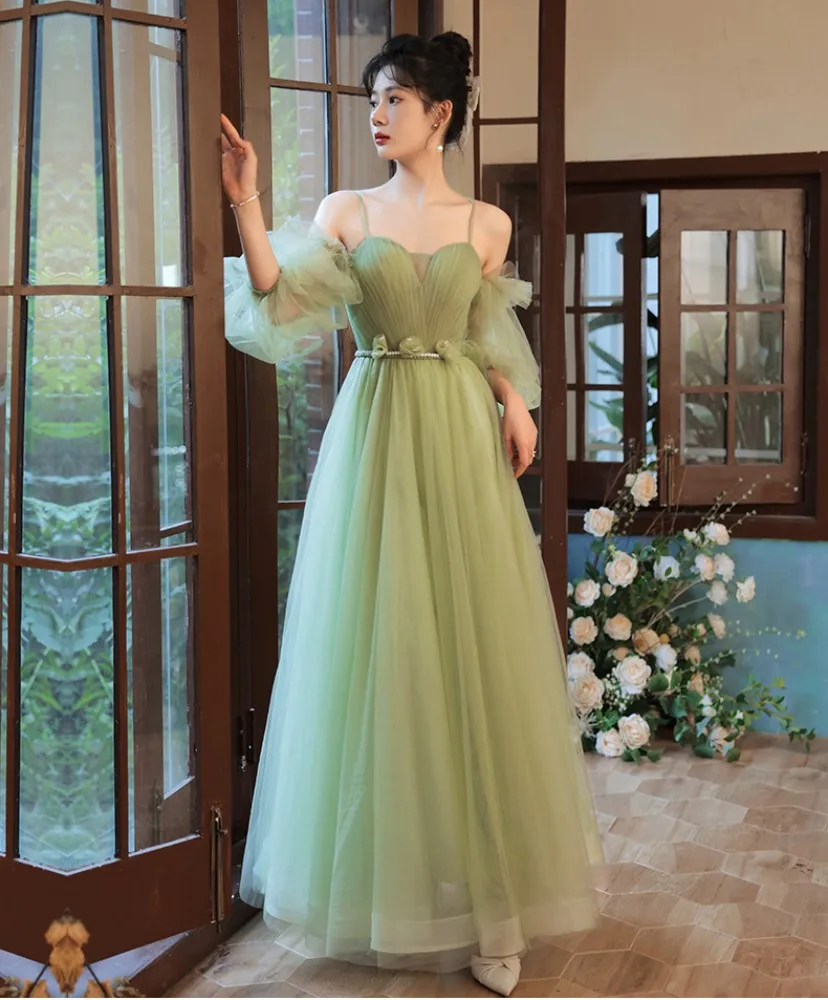 green tulle A-Line long prom dress, green tulle formal dress - View 2 | FashionDia