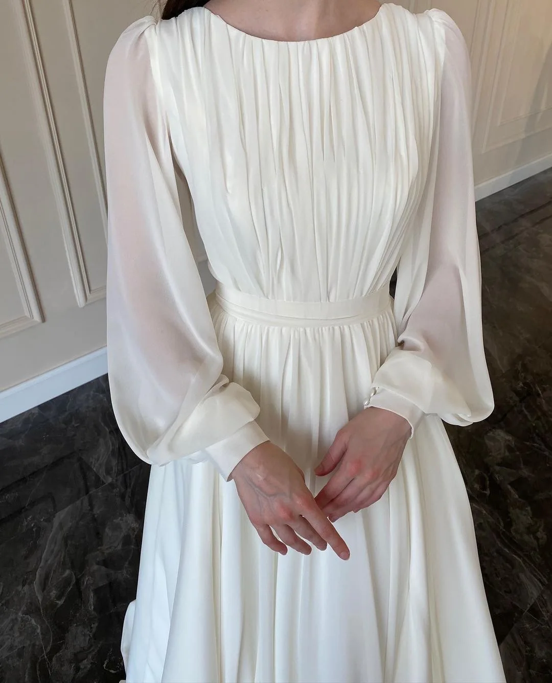 Women Elegant Pleated Lantern Sleeve Round Neck Maxi Dress Fashion Long Sleeve Party Evening Dress - View 4 | FashionDia