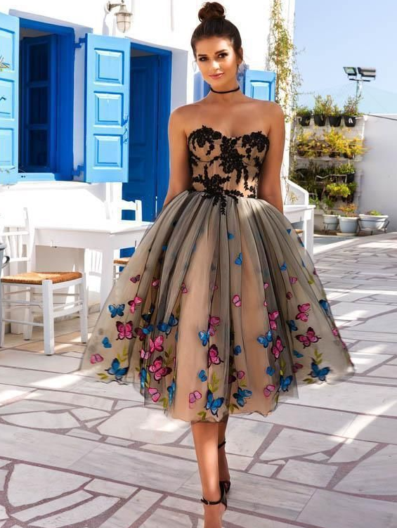 Black and Champagne Tulle Short Prom Dresses Sweetheart Butterflies Applique Homecoming Party Gowns Tea-Length - View 4 | FashionDia