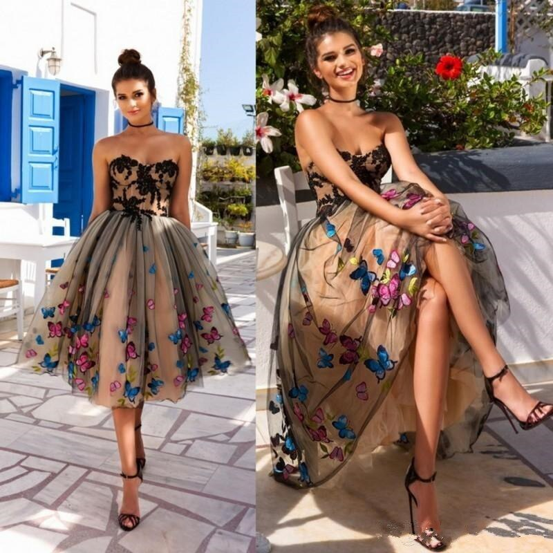 Black and Champagne Tulle Short Prom Dresses Sweetheart Butterflies Applique Homecoming Party Gowns Tea-Length - FashionDia