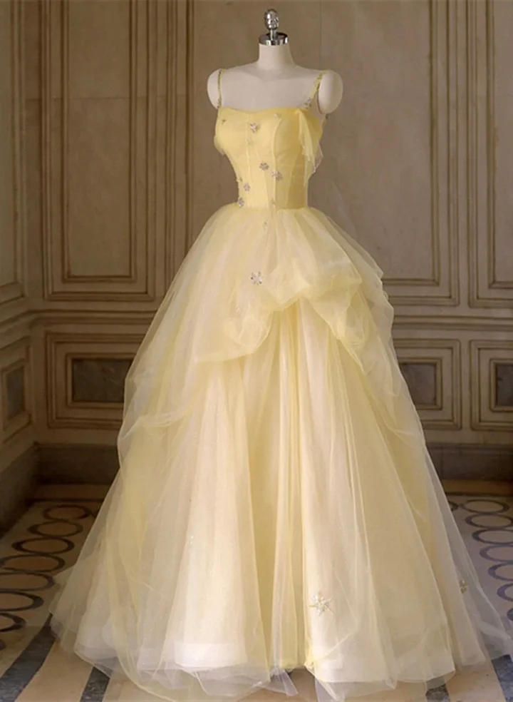 Light Yellow Tulle Long Party Dress, Yellow Tulle Prom Dress - FashionDia