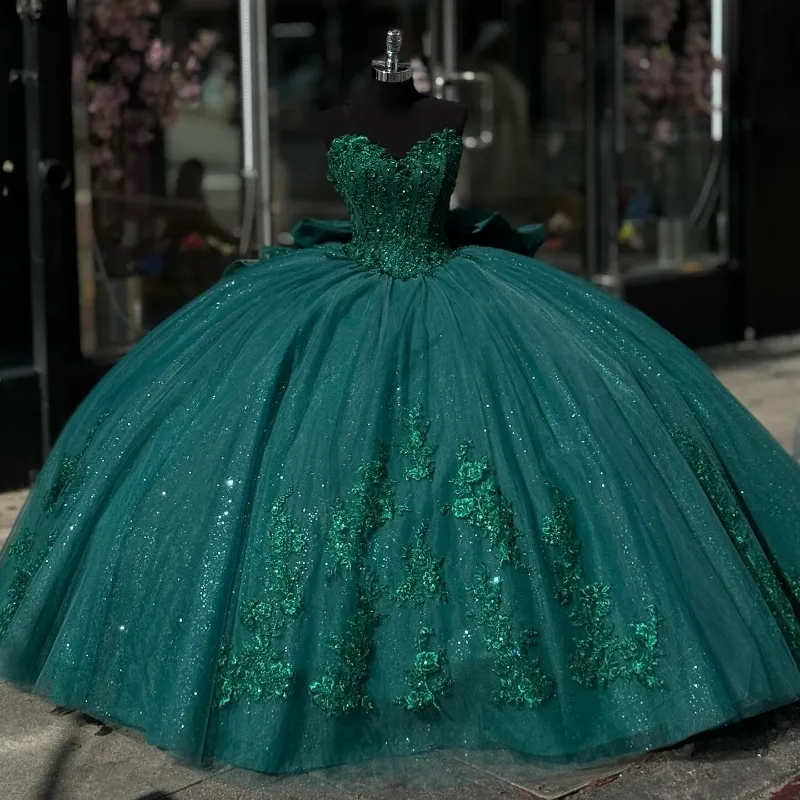 Green Appliques Lace Tull Ball Gown Quinceanera Dress Off The Shoulder Glitter Crystal Corset Dress - VelvetHem