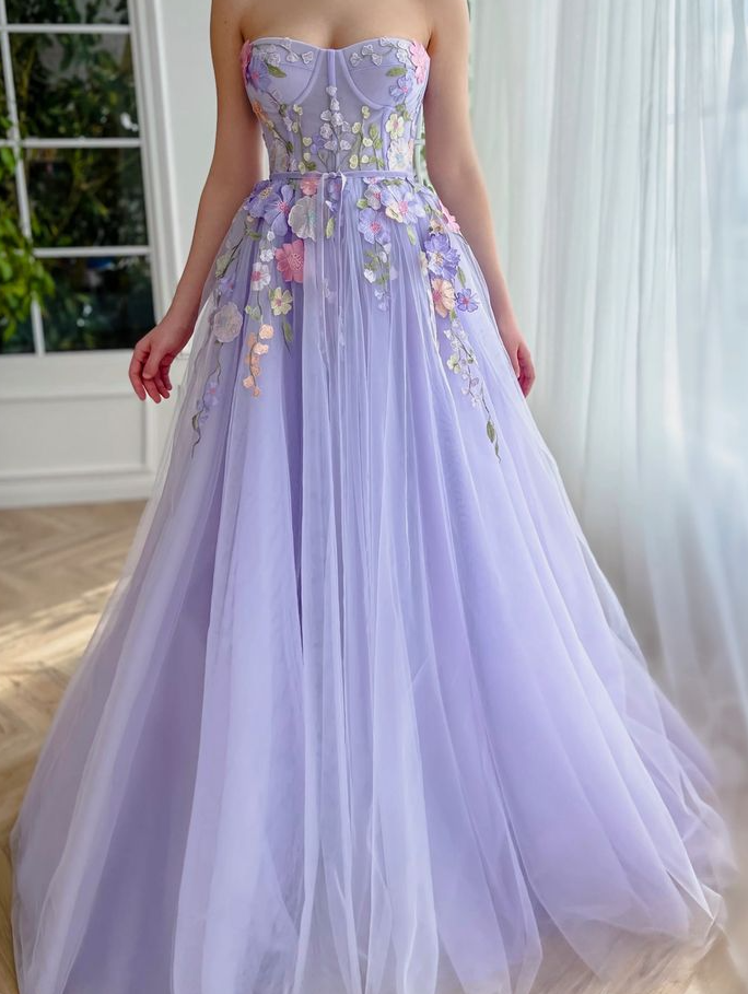 Lavender Floral Gown long prom dresses, evening dresses,party dresses, formal dress - FashionDia