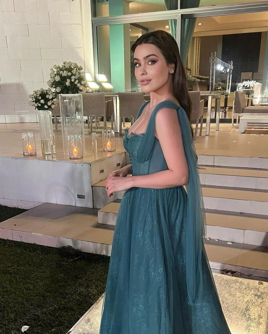 Gray Blue Straps Lace Tulle Popular Modest Prom Dress