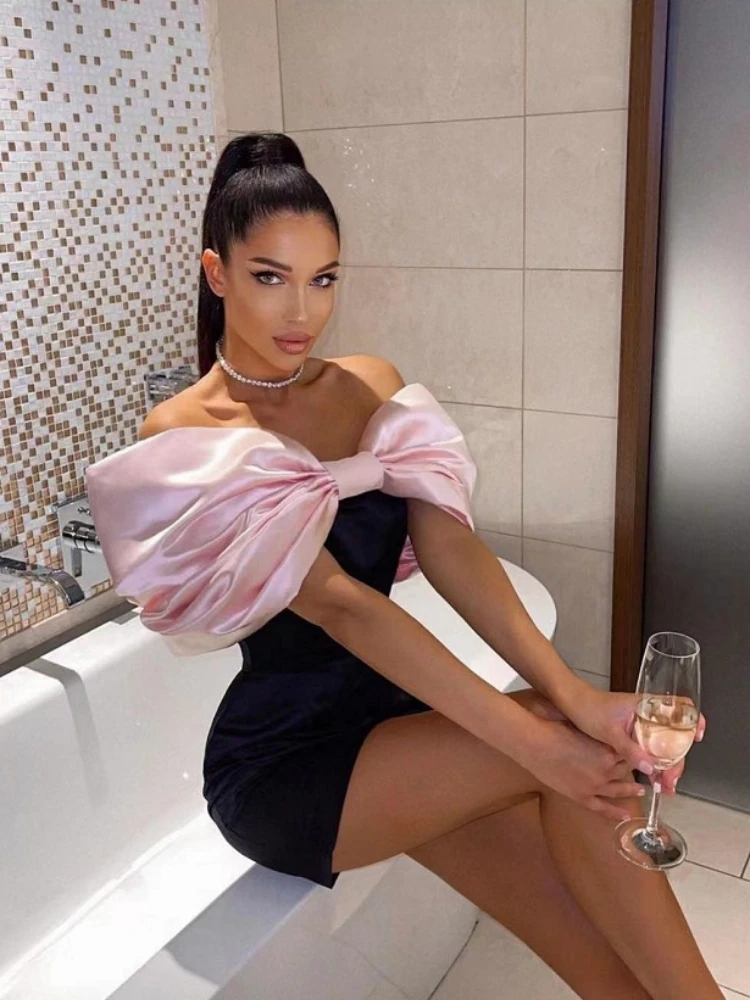 Sexy Big Bow Design Off-the-Shoulder Mini Dress Elegant Black Straples Pink Bowknot Bodycon Dress Homecoming Dress - View 3 | FashionDia