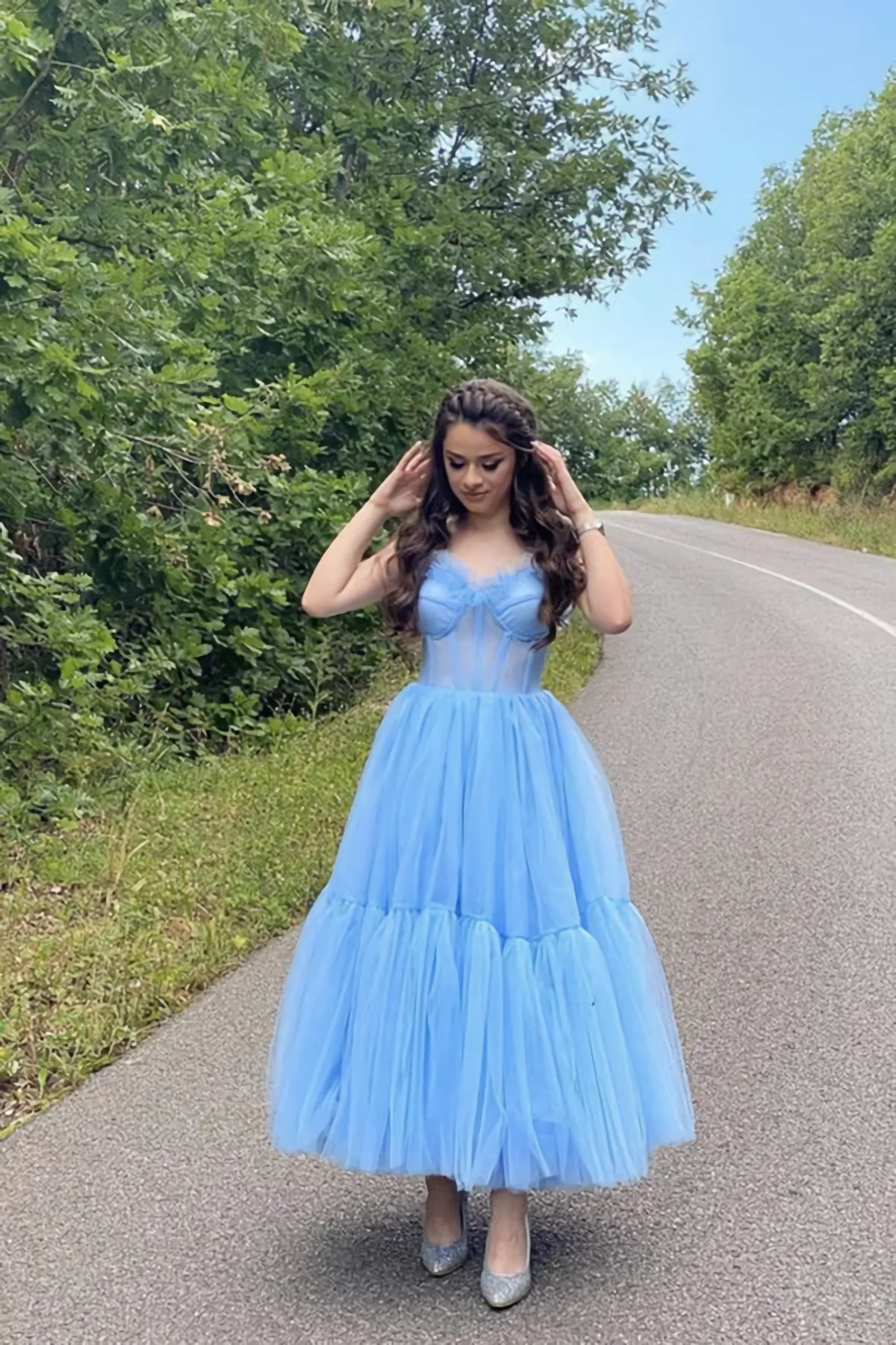 Sky Blue Straps Tulle A Line Prom Dress Sweetheart Homecoming Dresses