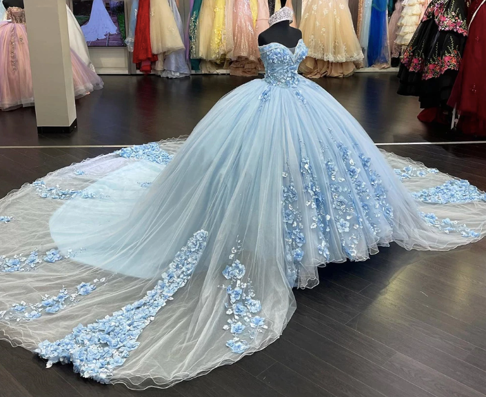 Baby Blue Long Quinceanera Dresses Ball Gown Birthday Party Dress Lace Up Graduation Gown Sweetheart Quinceanera De 15 Anos - VelvetHem