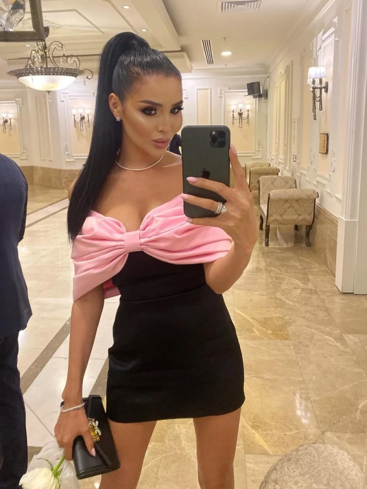 Sexy Big Bow Design Off-the-Shoulder Mini Dress Elegant Black Straples Pink Bowknot Bodycon Dress Homecoming Dress - View 2 | FashionDia