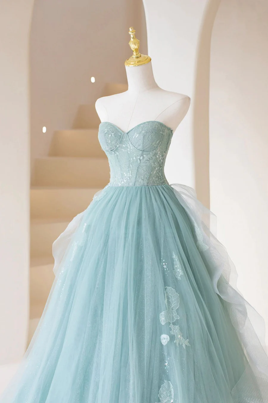 Cute Tulle Strapless Long Prom Dress, A-Line Lace Formal Evening Dress - View 2 | FashionDia