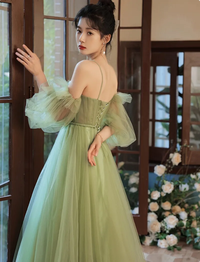 green tulle A-Line long prom dress, green tulle formal dress - View 3 | FashionDia