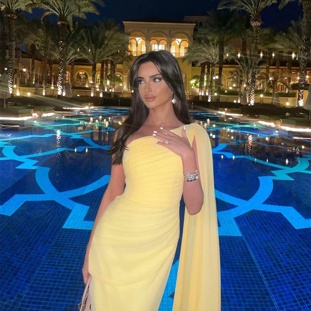 Yellow Chiffon One-Shoulder Evening Dress Elegant Pleated Dubai Arabic Evening Gowns - View 3 | FashionDia
