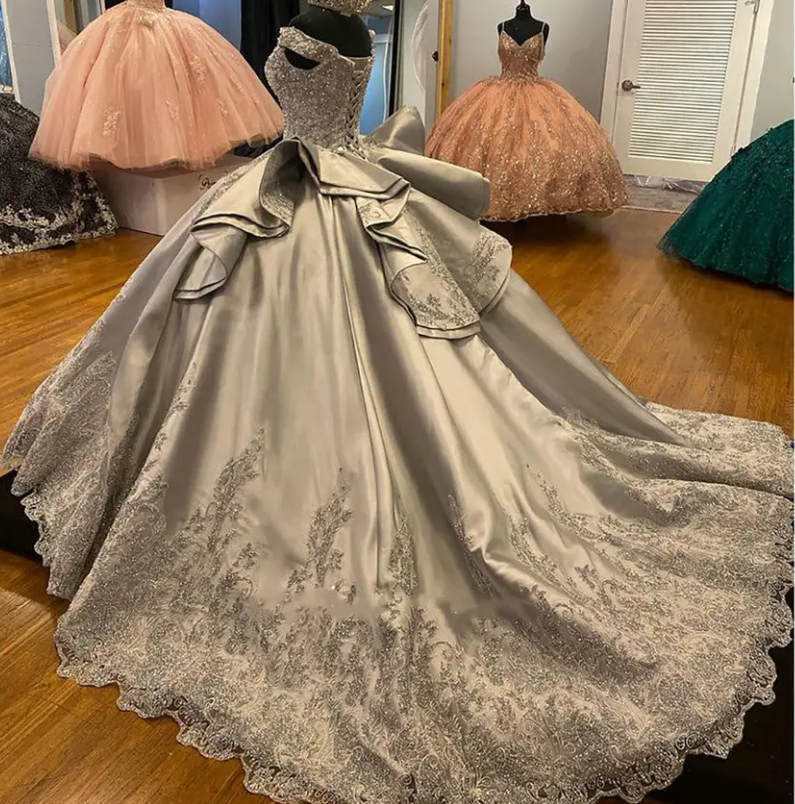 Silver Off-the-Shoulder Ruffled Back Ball Gown Prom Dress Appliqu? Beads Sweet 16th Dress - View 2 | FashionDia