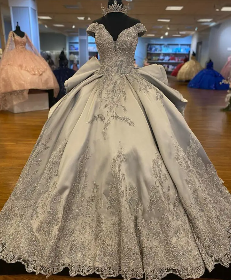 Silver Off-the-Shoulder Ruffled Back Ball Gown Prom Dress Appliqu? Beads Sweet 16th Dress - View 3 | FashionDia