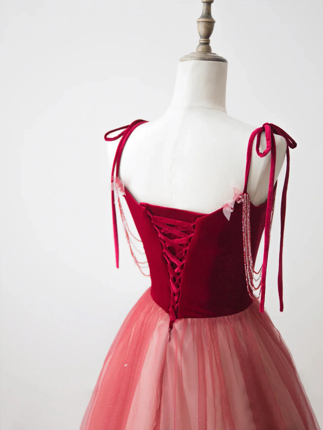 Burgundy Velvet Tulle Long Prom Dress, Beautiful A-Line Spaghetti Strap Evening Party Dress - View 3 | FashionDia