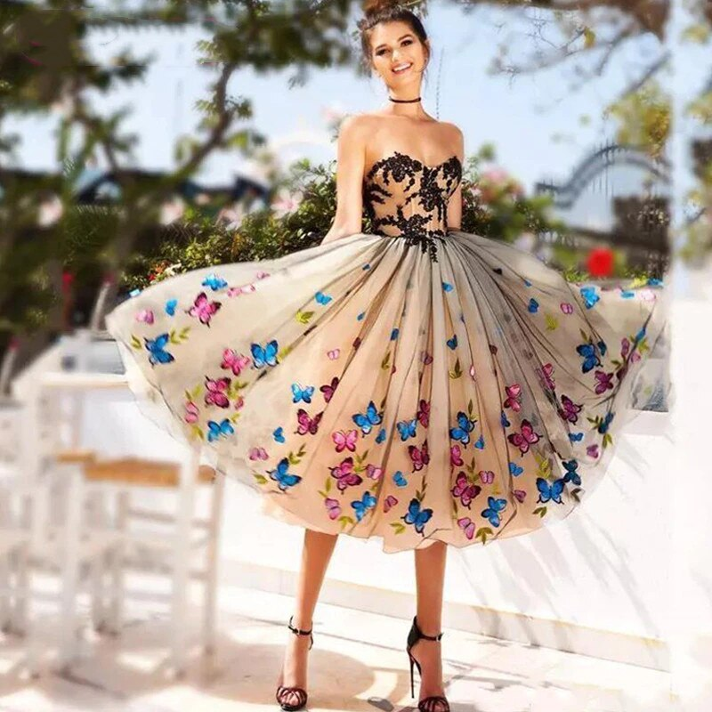 Black and Champagne Tulle Short Prom Dresses Sweetheart Butterflies Applique Homecoming Party Gowns Tea-Length - View 2 | FashionDia