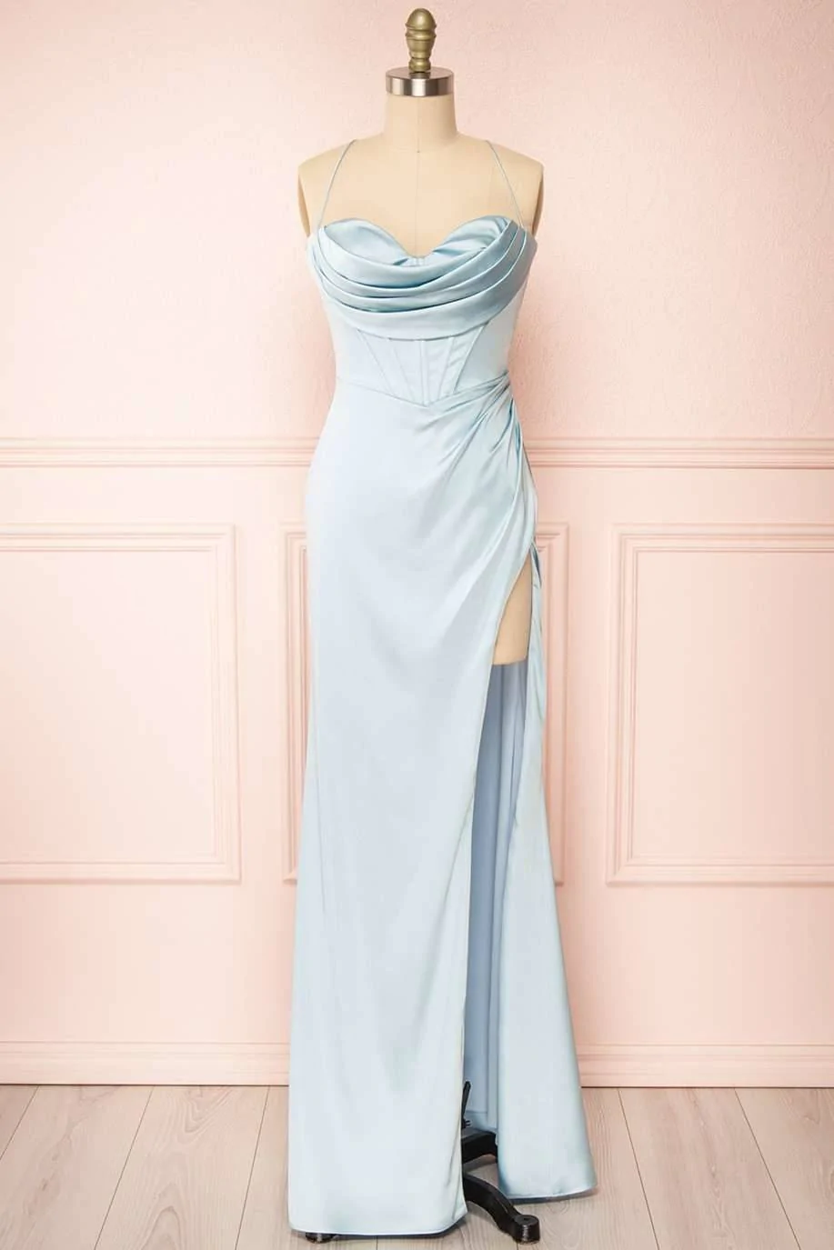 Lace-Up Cowl Neck Ruched Long Party Dress