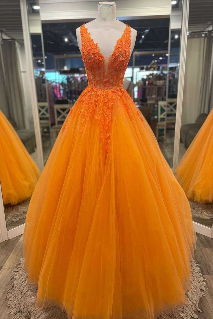 Gorgeous Orange V-Neck Floral Tulle Long Prom Dress - FashionDia