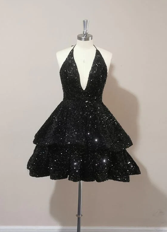 Sparkly Halter Sequin Cocktail Dresses Black Short Prom Dresses