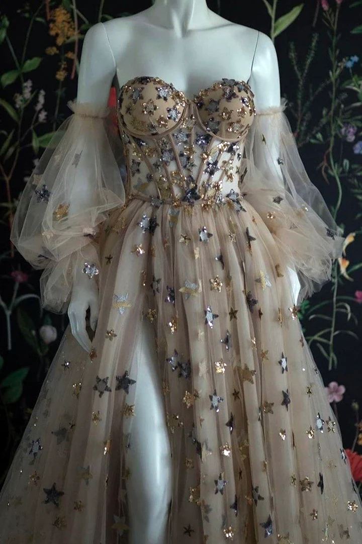 Champagne Tulle Long Prom Dress, Off-the-Shoulder Evening Dress with Stars - FashionDia