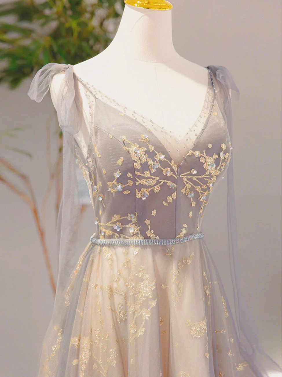 A-Line V-Neck Gray Long Prom Dress, Tulle Sequin Lace Long Forma Dresses - View 3 | FashionDia