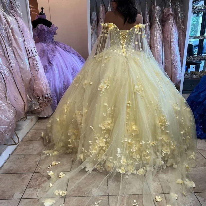 Ball Gown Quinceanera Dresses with Cape 3D Flower Princess Dresses Prom Gown fg4650