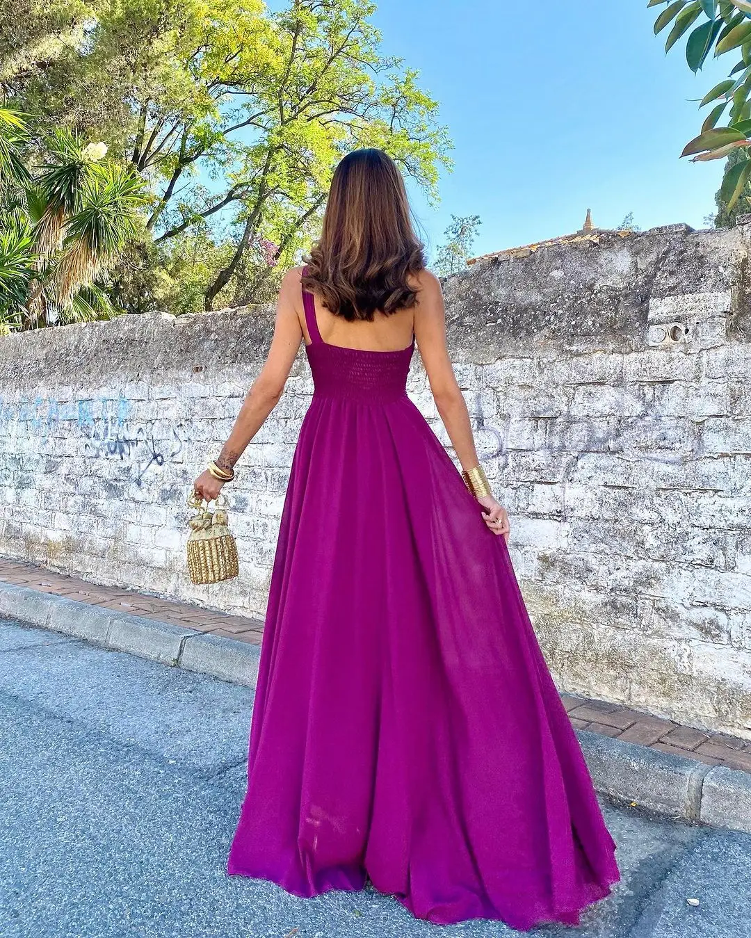 Sexy One-Shoulder Evening Gowns Women's Sleeveless Pleated Party Prom Dress Floor-Length Side Slit Special Occasion Gown - View 3 | FashionDia