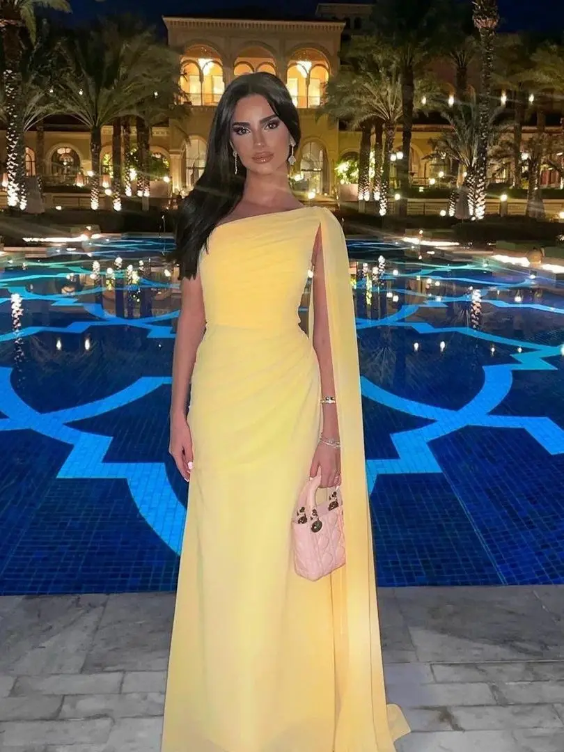 Yellow Chiffon One-Shoulder Evening Dress Elegant Pleated Dubai Arabic Evening Gowns - View 4 | FashionDia