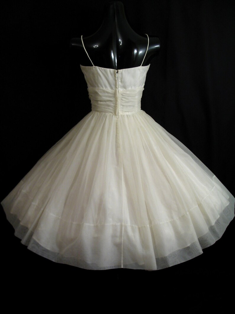 Vintage 1950's 50s White Ruched Chiffon Organza Party Prom Wedding Bridal Dress Gown - View 2 | FashionDia