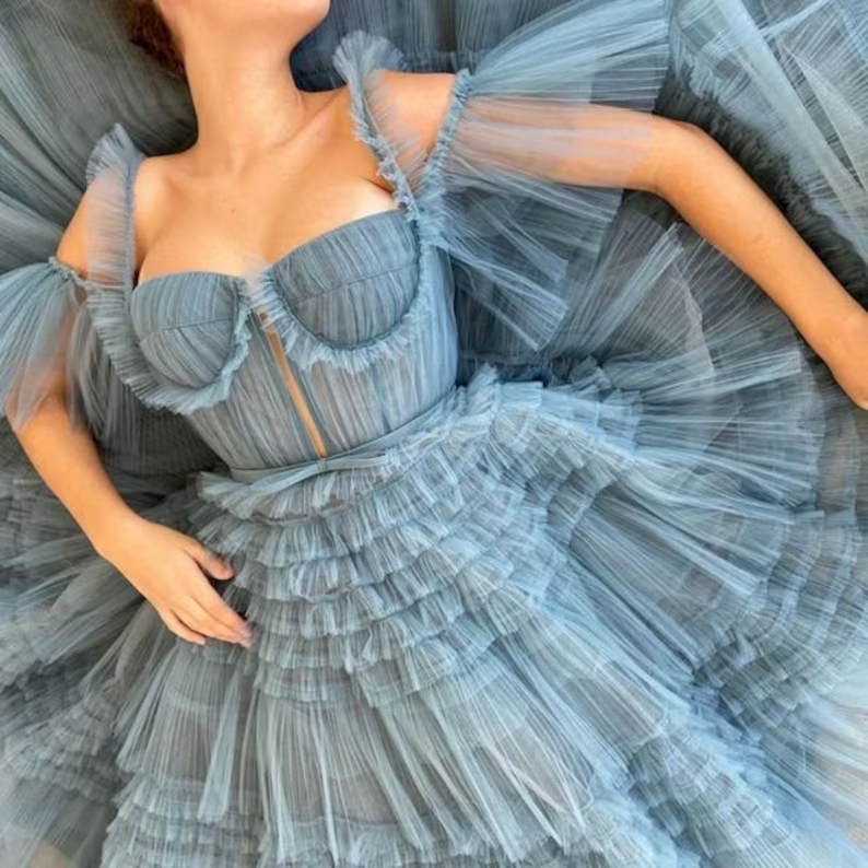 Dusty Blue Tulle Ruffled Gown, Long Tulle Prom Dress, Tiered Skirt Dress