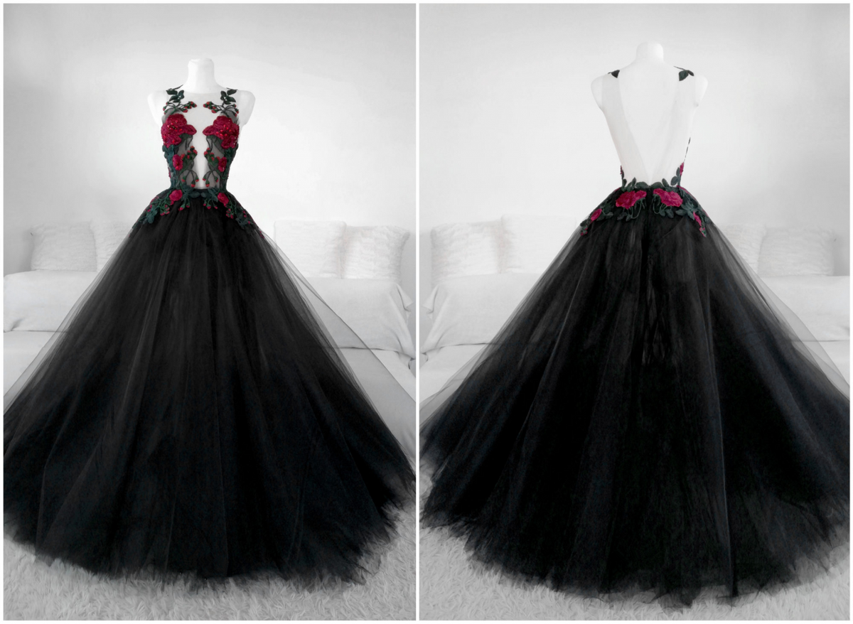 Beautiful Black Tulle With Lace Applique Long Formal Gown, Black Party Dresses - View 2 | FashionDia