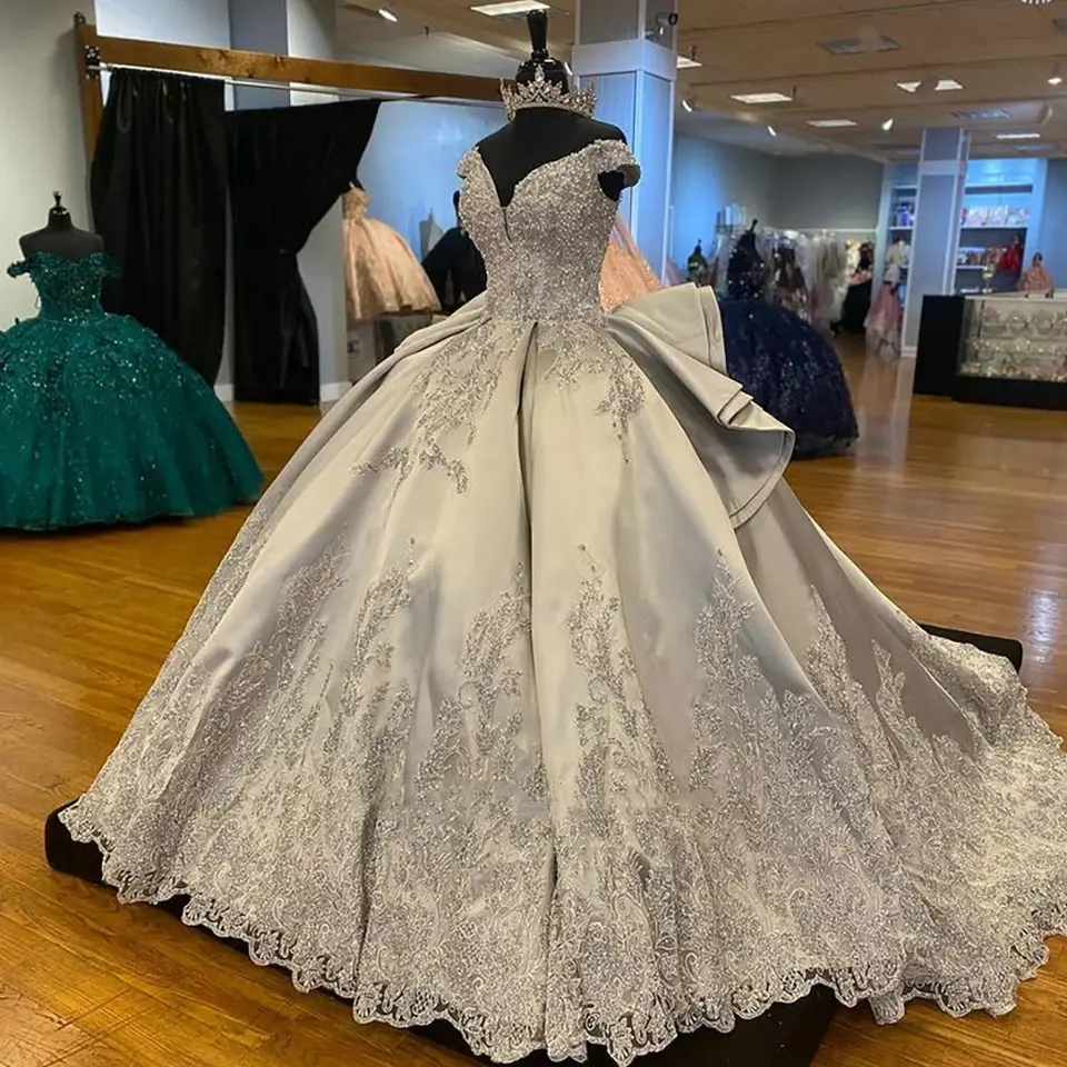 Silver Off-the-Shoulder Ruffled Back Ball Gown Prom Dress Appliqu? Beads Sweet 16th Dress - View 4 | FashionDia