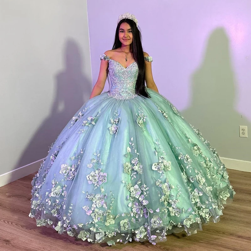Light Green Quinceanera Dress with 3D Flowers Sleeveless Cape Ball Gown Corset - FashionDia