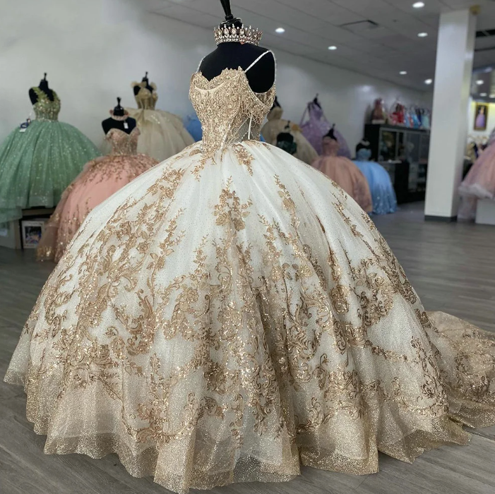 Champagne Beading Tassel Ball Gown Quinceanera Dress Spaghetti Sequined Appliques Lace De 15 A?os - FashionDia