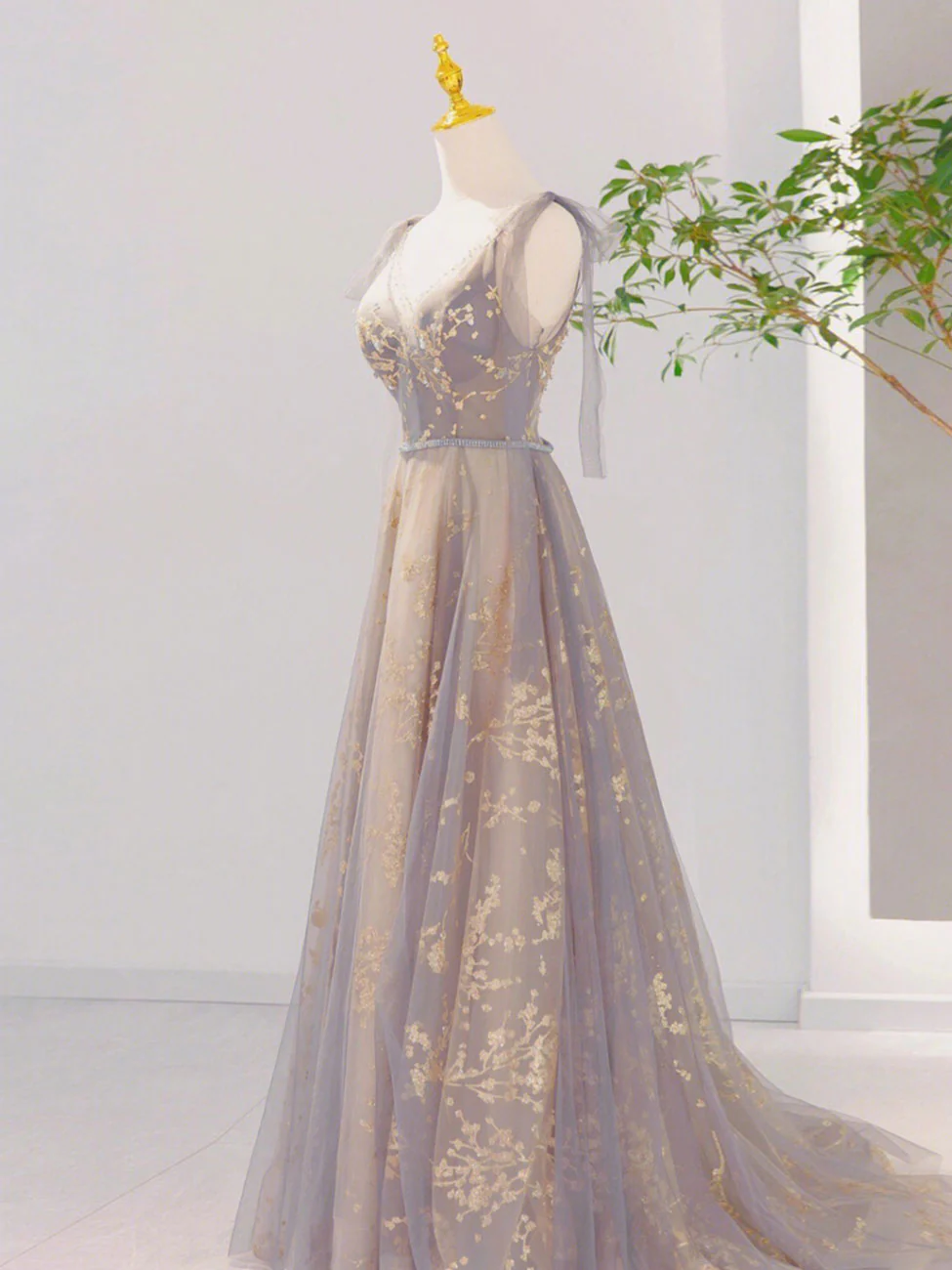 A-Line V-Neck Gray Long Prom Dress, Tulle Sequin Lace Long Forma Dresses - View 4 | FashionDia
