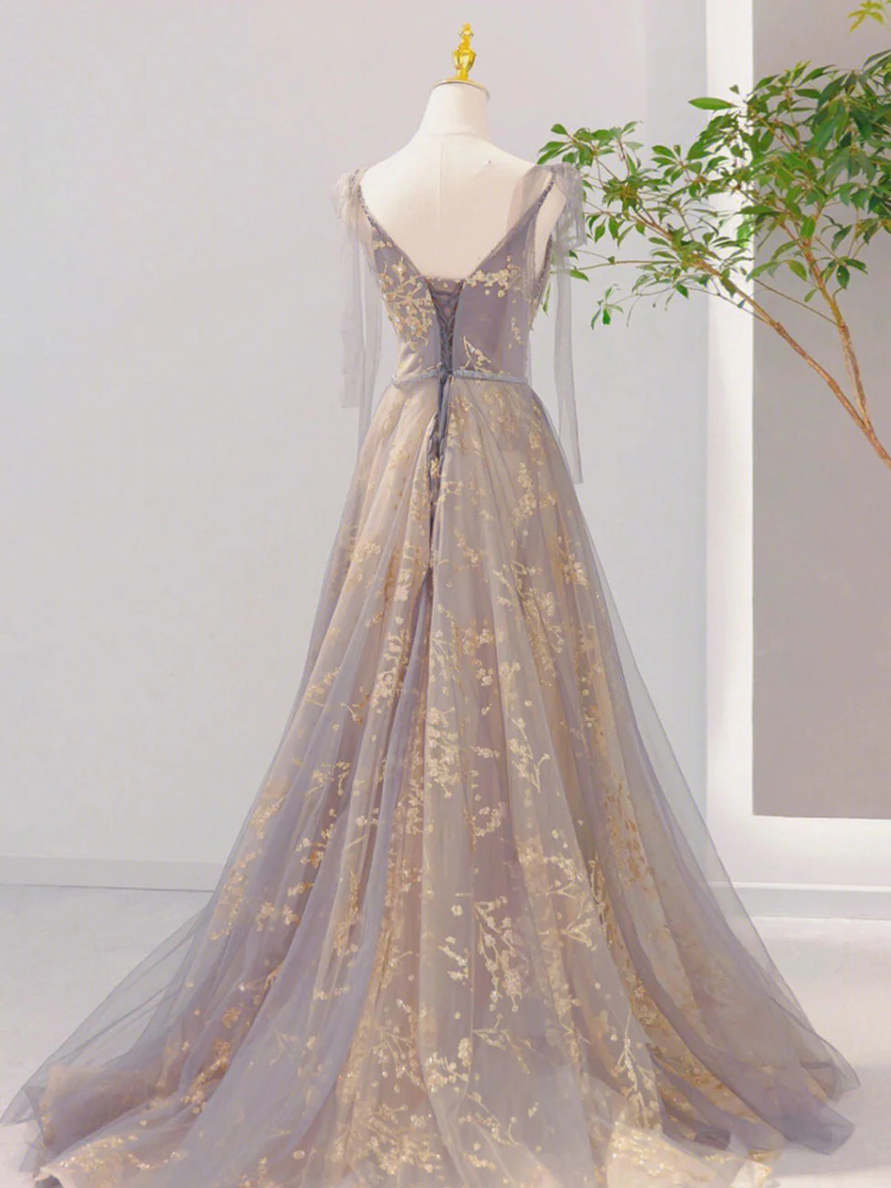 A-Line V-Neck Gray Long Prom Dress, Tulle Sequin Lace Long Forma Dresses - View 2 | FashionDia