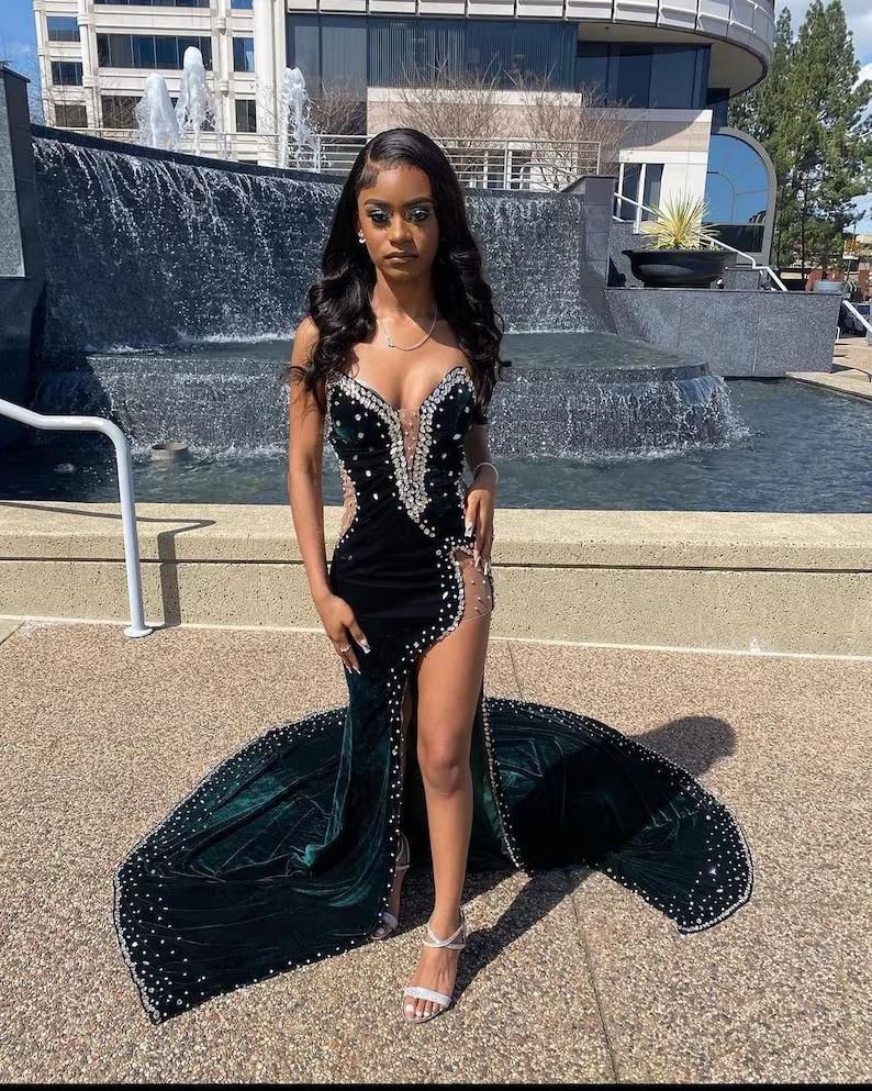 Velvet Prom Dress with High Slit, Wedding Reception Dress, Bridesmaid Dress - FashionDia