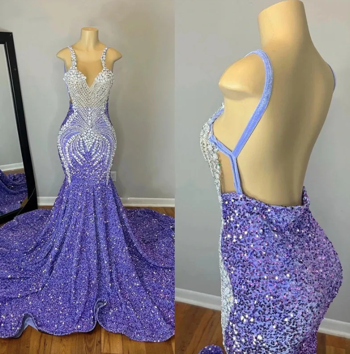 Sexy Lavender Mermaid Prom Dresses For Black Girls Crystal Rhinestone Sequins Open Back Formal Birthday Party Gowns