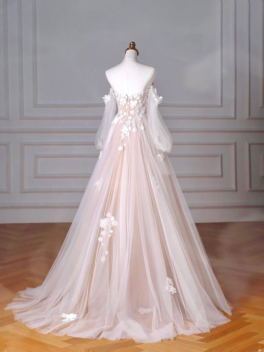 Champagne Tulle Lace Sweetheart Neck Long Formal Dress, A-Line Puff Sleeves Party Dress - View 2 | FashionDia