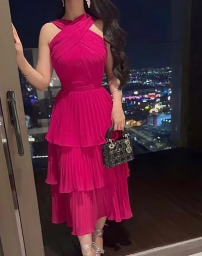 Fuchsia long pleated evening dress, cocktail dress, special occasion dress - FashionDia