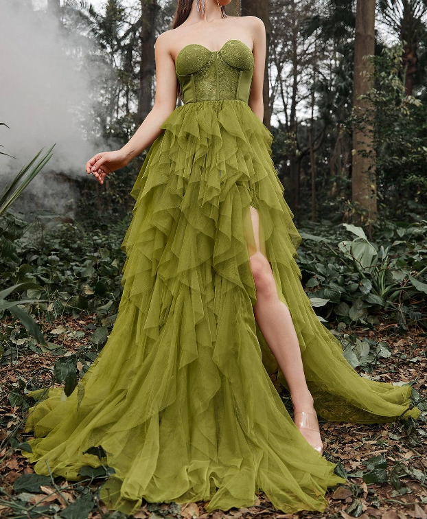 Elegant Lace Bodice Split Ruffle Layered Prom Dress - FashionDia