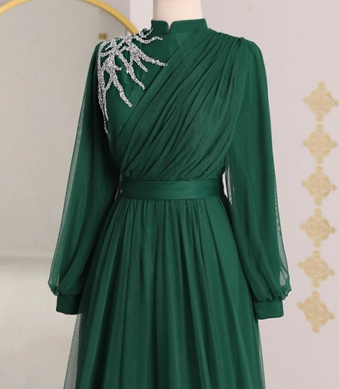 Tulle Beaded Muslim Evening Dresses Long Sleeve Formal Party Prom Gown High Neck Dress - View 2 | VelvetHem