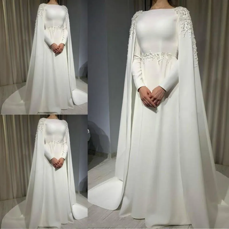 Muslim Wedding Dress with Cape Long Sleeves Beading Plus Size Satin Bridal Gowns - View 2 | FashionDia