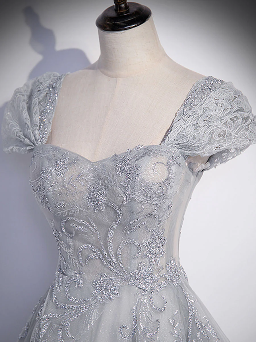 Gray Sweetheart Neck Tulle Lace Long Prom Dress, Gray Evening Dress - View 3 | FashionDia